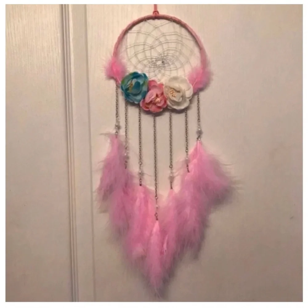 Pink Feather Floral Dreamcatcher Wall Decor